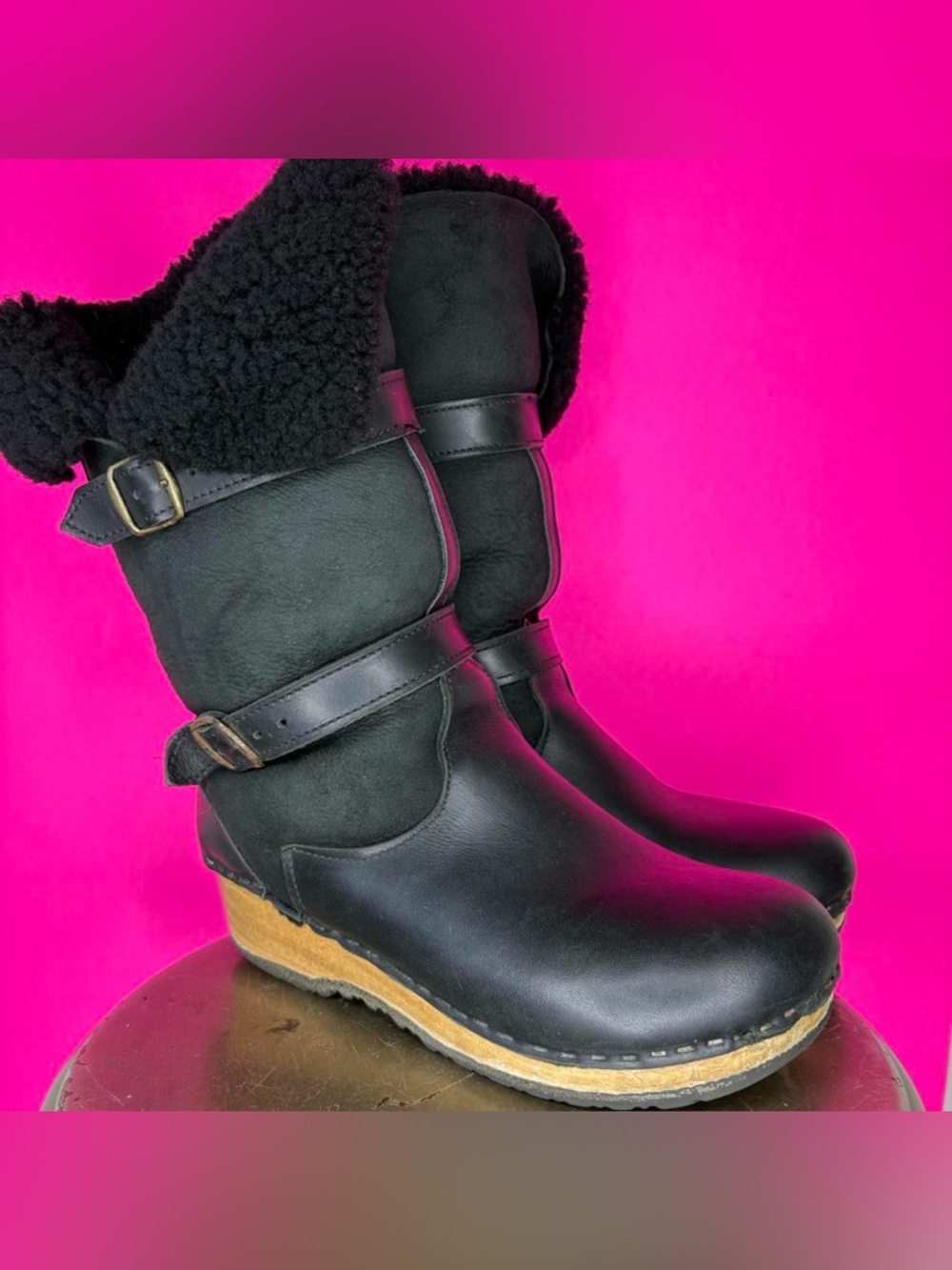 Sven 11" Clog Boots Shearling - Double Straps Black Leather, Black Suede EU 41